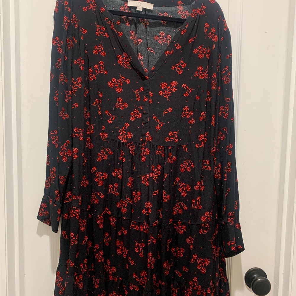 LOFT Black Dress with Red Floral Pattern